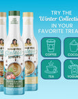 Three bottles of sugar-free syrups with a promotional text for the winter collection on a blue background.