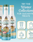 Miss Mary's Sugar-Free Peppermint Pattie, Cinnamon Dolce, and White Chocolate coffee syrups with text  'TRY Winter Collection FOR SUGAR-FREE TREATS' and graphics for Coffee, Yogurt, Tea, and Smoothies against a blue background.