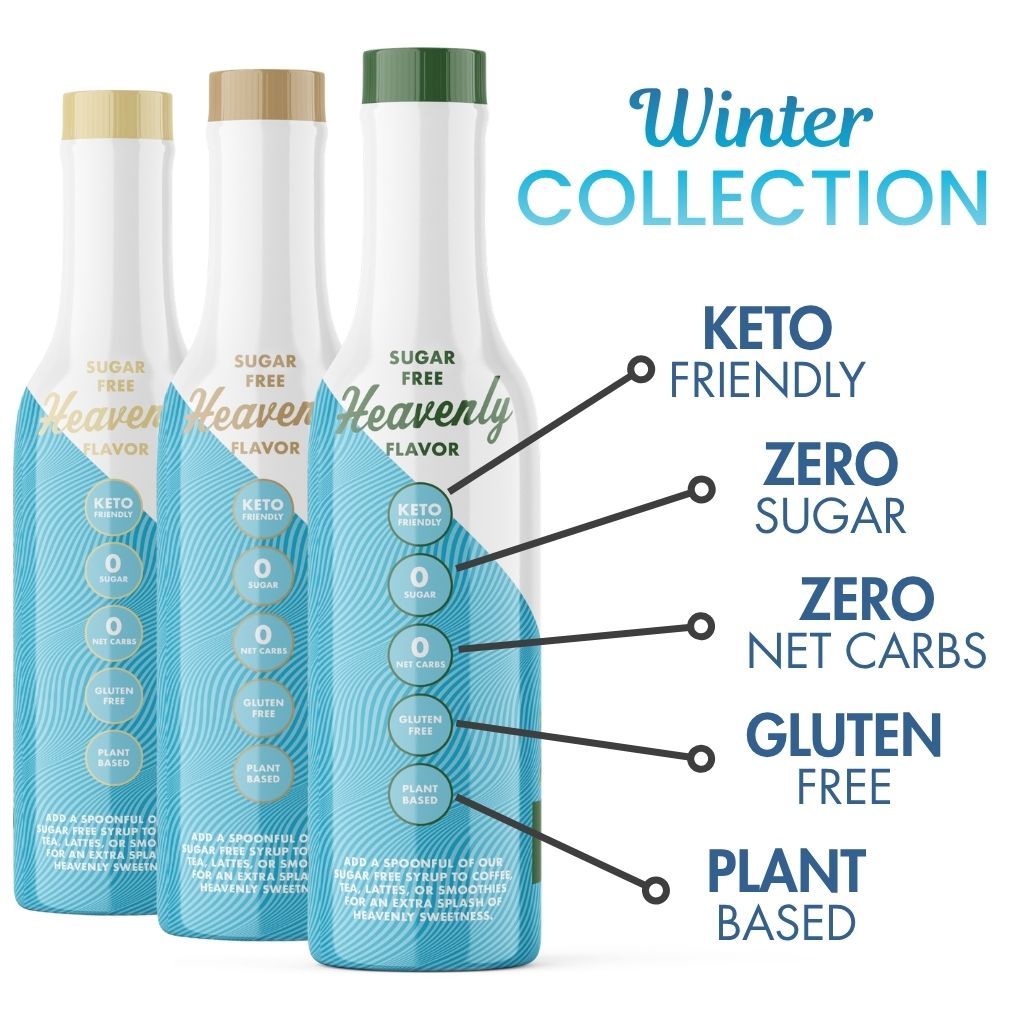 Winter Collection syrup bottles with attributes like keto-friendly, gluten-free, and plant-based on white background.
