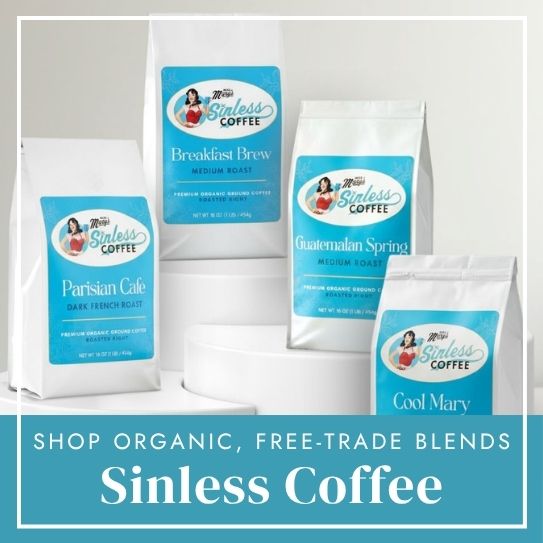 four bags of Sinless coffee on white stands