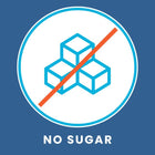 Icon of cubes with a red line crossing them, indicating 'no sugar', on a blue background.