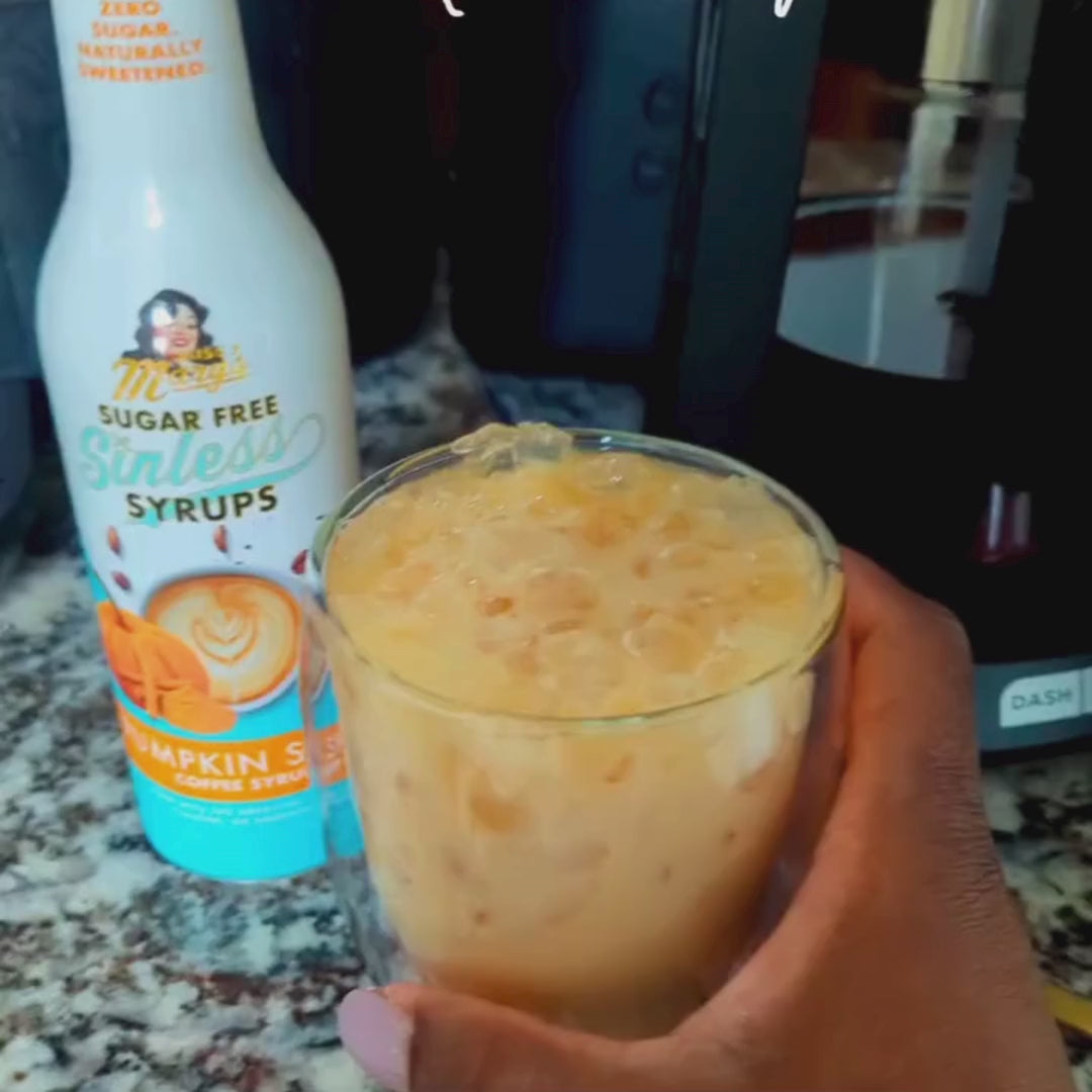 Pumpkin Spice Sinless Syrup iced latte video