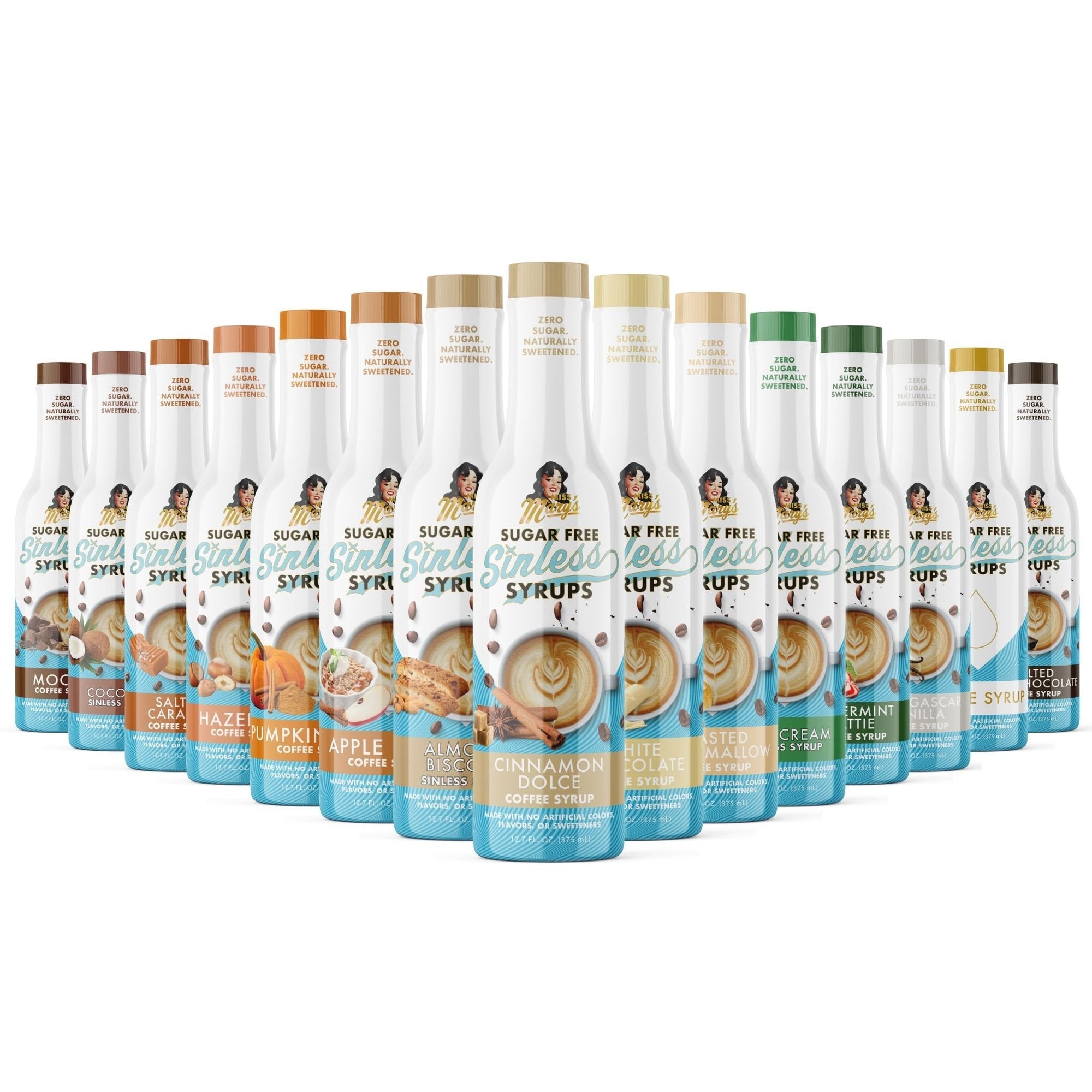 Row of Syrups bottles with various flavors on a white background